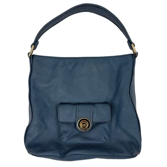 Michael Kors Pushlock Blue Leather Shoulder Bag Gold-Tone Hardware Front Pocket - Picture 1 of 14
